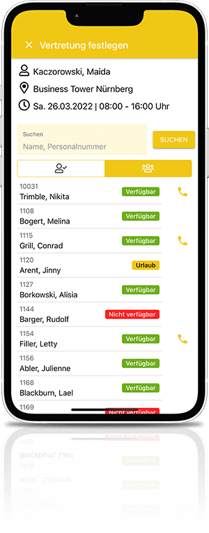 Handy Screenshot: Vertretungen festlegen in der App zur Zeiterfassung in der Gebäudereinigung